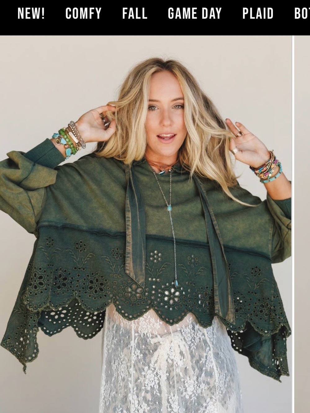 Oli & Hali Olive Green Lace-Hem cropped Hooded Poncho